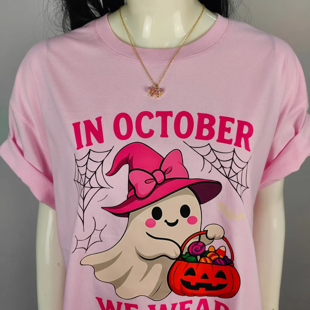 In October We Wear Pink Tshirt Cute Ghost Halloween Sublimation Shirt Breast Cancer Awareness Spooky Tee Women Daily Life Tops view 3