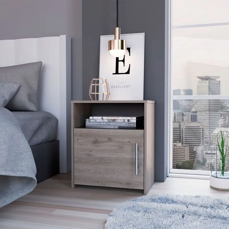 

Nightstand, Single Door Cabinet, Metal Handle, One Shelf, Superior Top, Light Gray