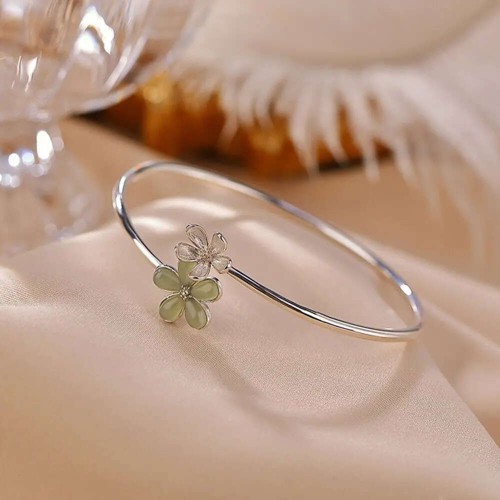 

Solid 925 Sterling Silver Cuff Natural Jade Small Flower Bangle Size 7.09" S925