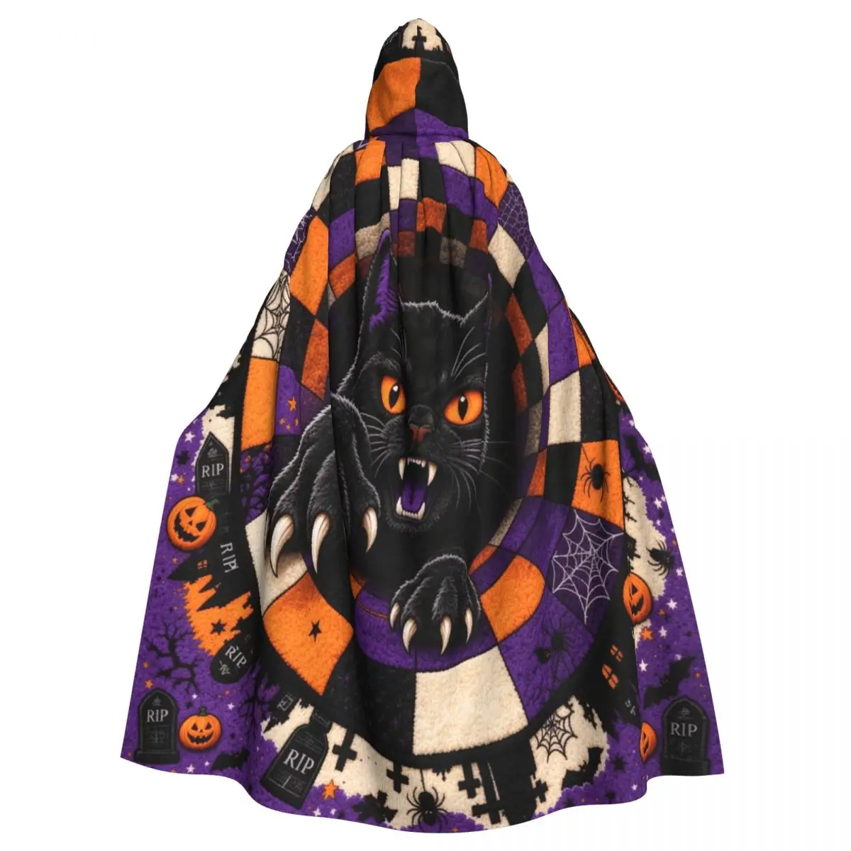 Aldult 3D Illusion Halloween Cloak with Hood Spooky Black Cat Grim Reaper Robe Costume for Party