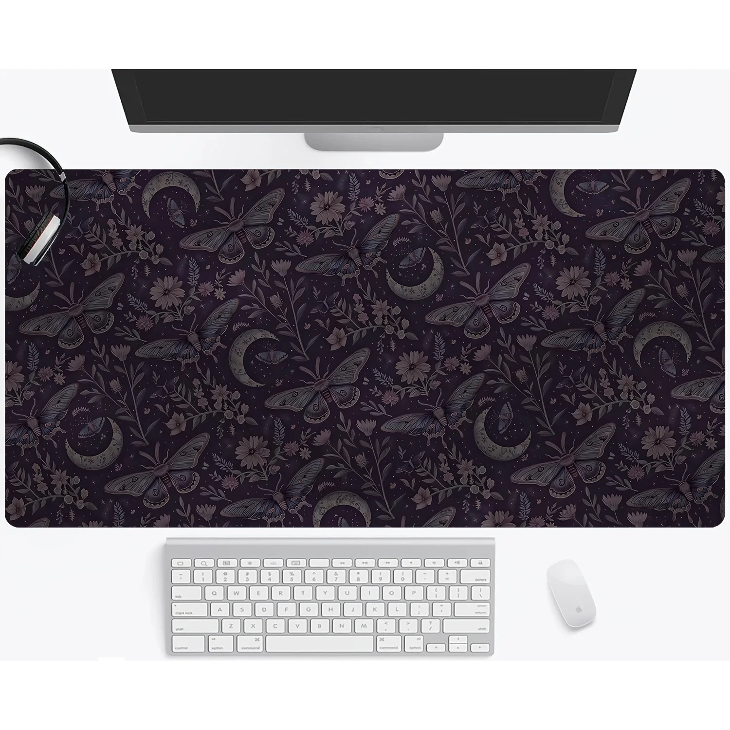 

Большой игровой коврик для мыши и клавиатуры в готическом стиле с изображением лунной мотыги и цветов, гладкий на ощупь, с прошитыми краями