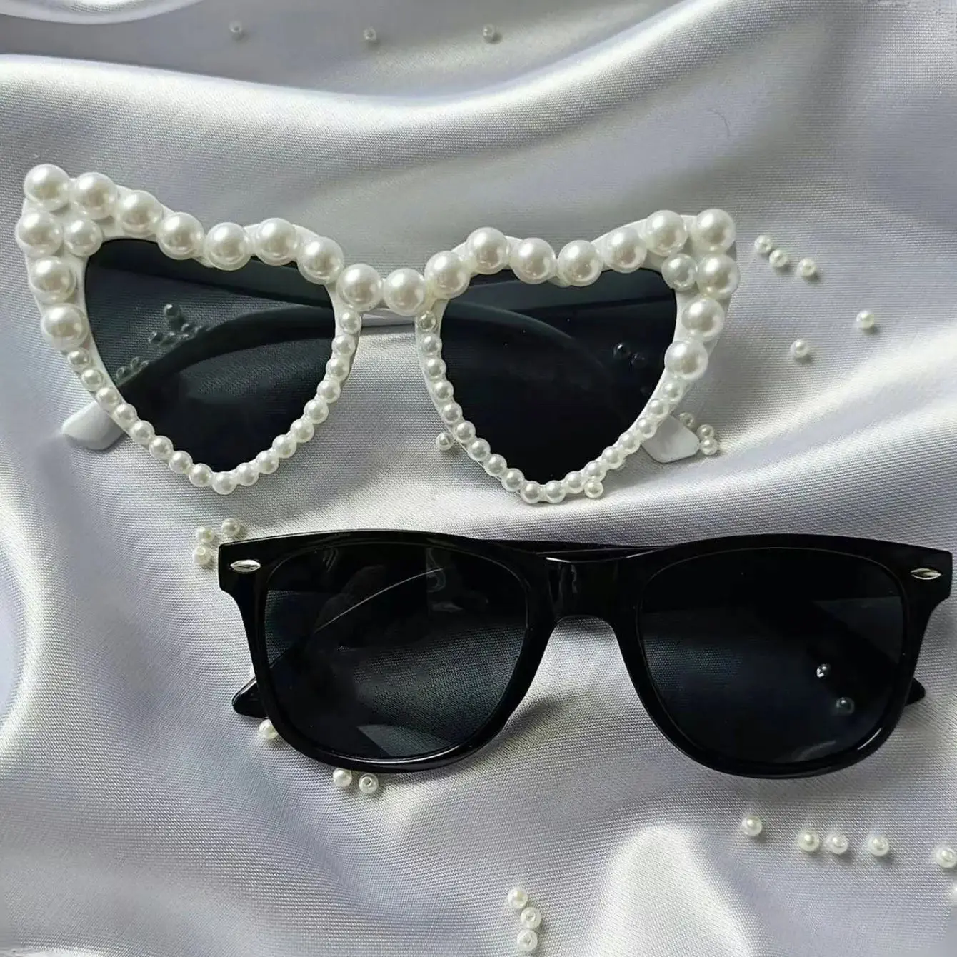 2PCS Pearl Decoration Love Large Frame Y2K retro Style Prom Wedding Party Couple Sunglasses Combination for Men and Women