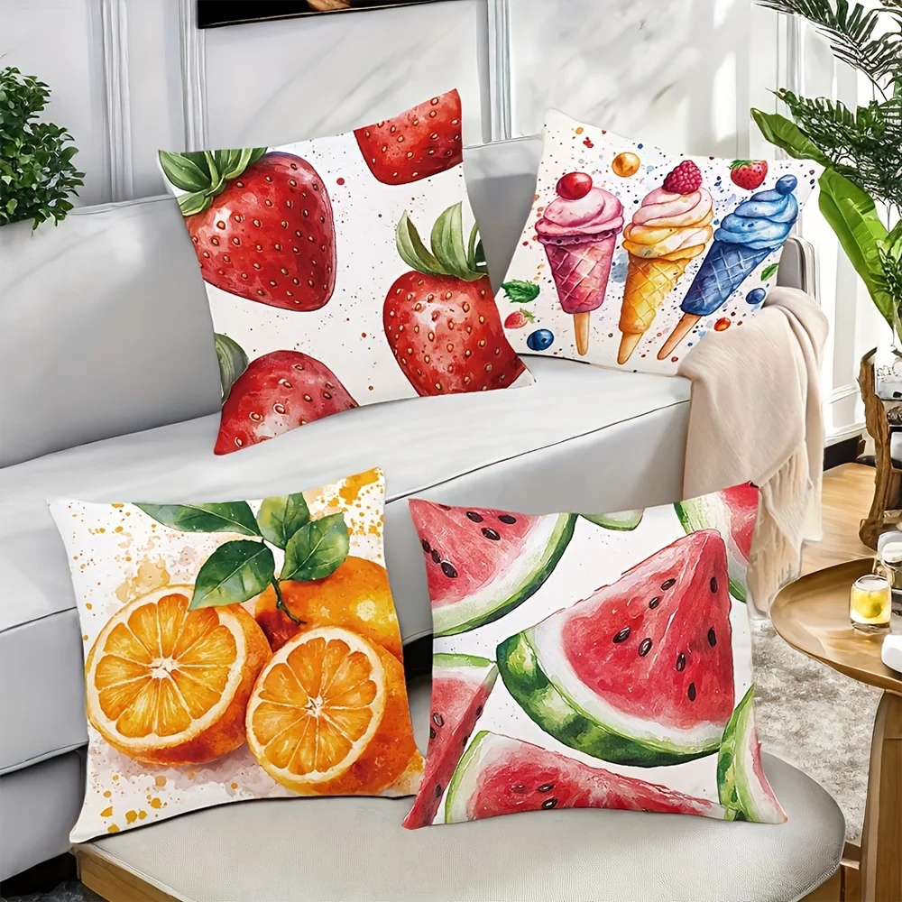 1PC 2D Flat Watercolor Summer Fruit Ice Cream Throw Pillow Covers Decorative Cushion Cases for Sofa Couch Patio No Pillow Core