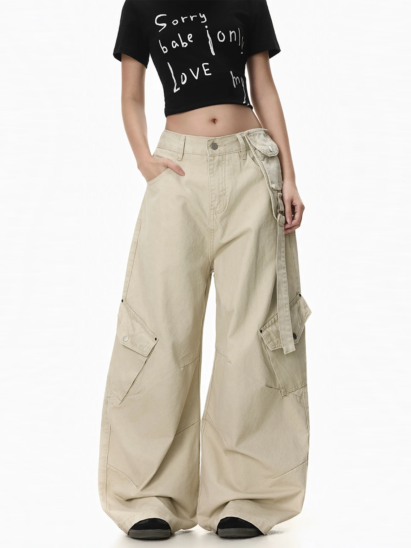 

Американские повседневные брюки цвета хаки с множеством карманов, свободные широкие брюки в винтажном уличном стиле, женская модная одежда FreeMary