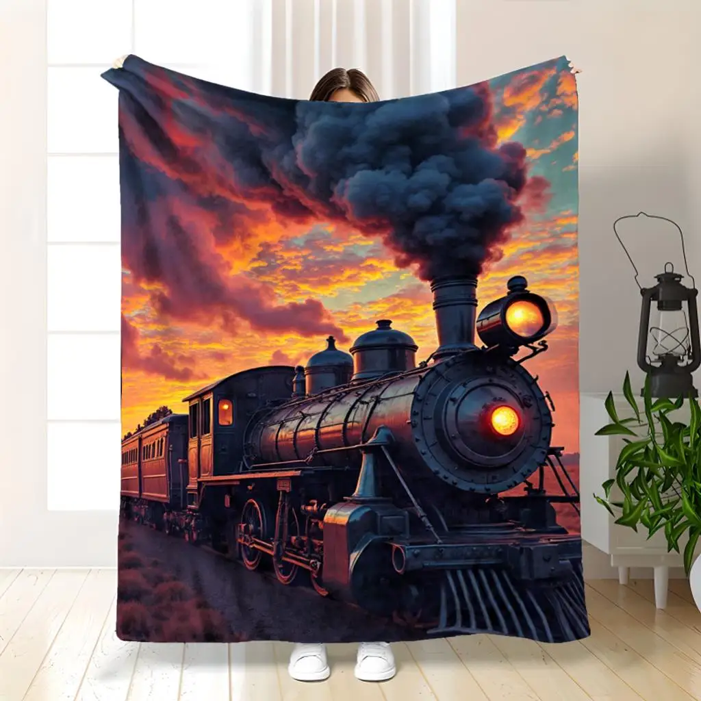 Retro train sunset pattern Flannel printed blanket suitable for all seasons suitable for living room office sofa and travel