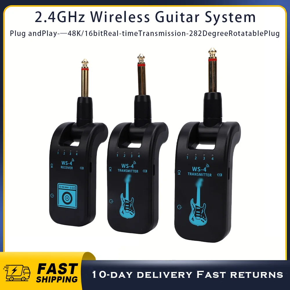 

2,4 ГГц гитарный передатчик, приемник, беспроводная гитарная система, перезаряжаемая передача Plug & Play в реальном времени, вращающаяся на 282 градуса