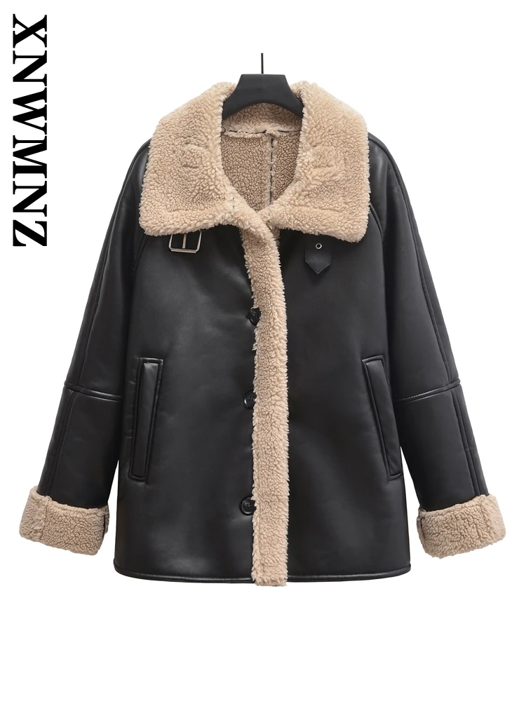 XNWMNZ Autumn Woman's Retro Long Sleeve Faux Leather Jacket Commuting Winter Female Turn-down Collar Outerwear Keep warm Coat