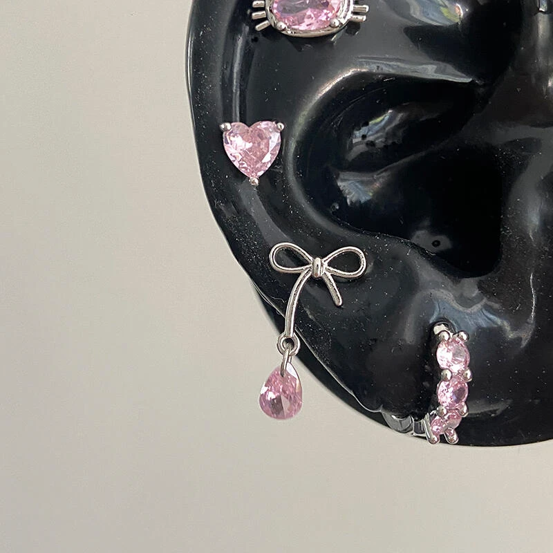 Cute Pink Zircon Cat Stainless Steel Ear Bone Nail Water Droplet Pendant Small Earrings for Women Cochlear Puncture Accessory