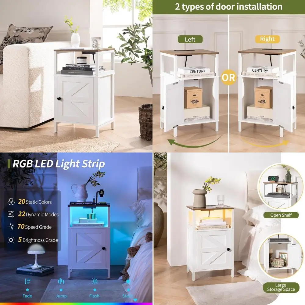 

White Wooden Charging Nightstand with LED and Storage for Bedroom and Living Room