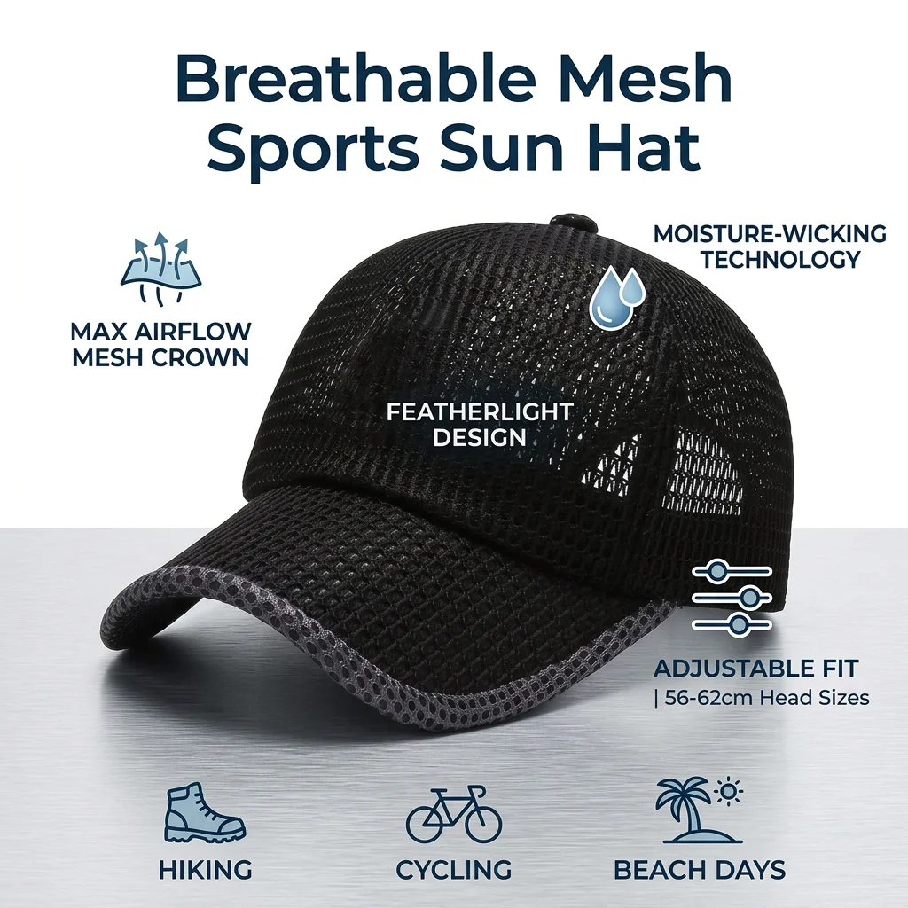Mesh Sun Hat Breathable Baseball Cap for Outdoor Hiking Men's Large Size Cooling Sporty Headwear Lightweight Durable Gear
