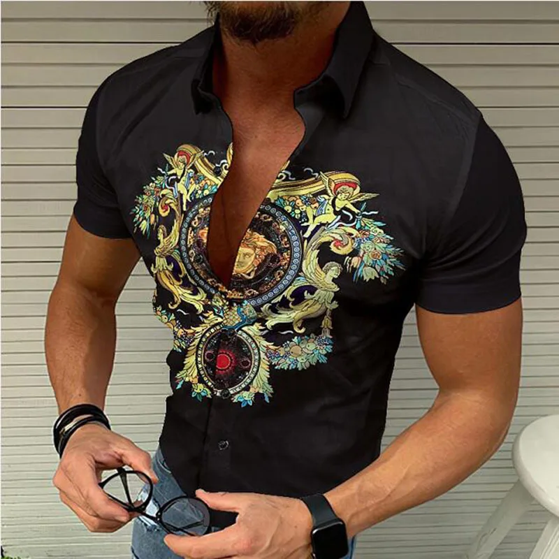 

Slim Fit Faion Printed ort Sve irt Trendy Floral Pattern Summer Beach Casual irt Young Men's Clothing Polyester Fiber