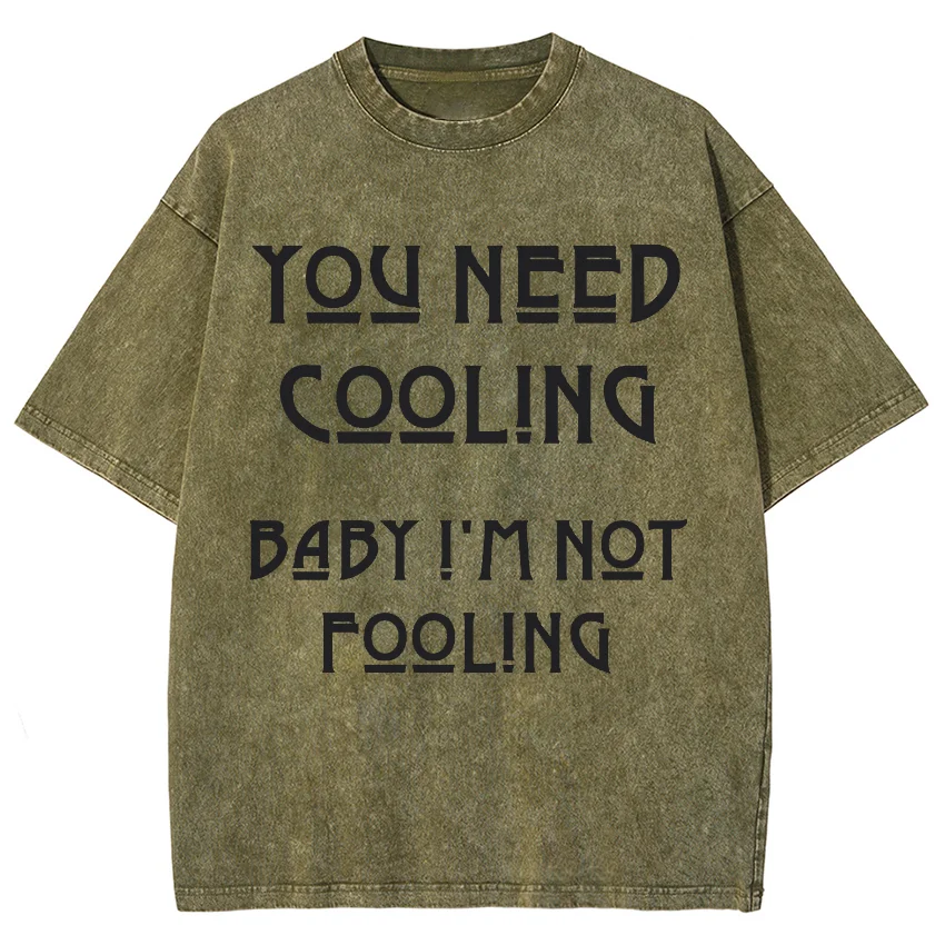 Positive Energy Cartoon Simple Letter Print T-Shirt Washed Denim High Gram Weight American Neutral Style Short Sleeves