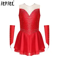 Kids Girls Figure Skating Dress Stage Performance Outfit Glittering Rhinestone Keyhole Back Sleeveless Leotard Dress with Gloves