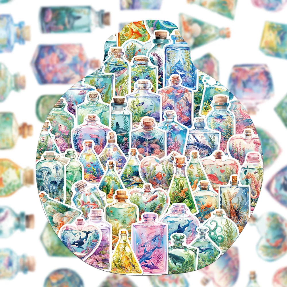 50 pezzi di cartone animato bottiglia di bellezza mondo sottomarino arte graffiti adesivi alghe corallo meduse stelle marine squalo decorazione tartaruga marina