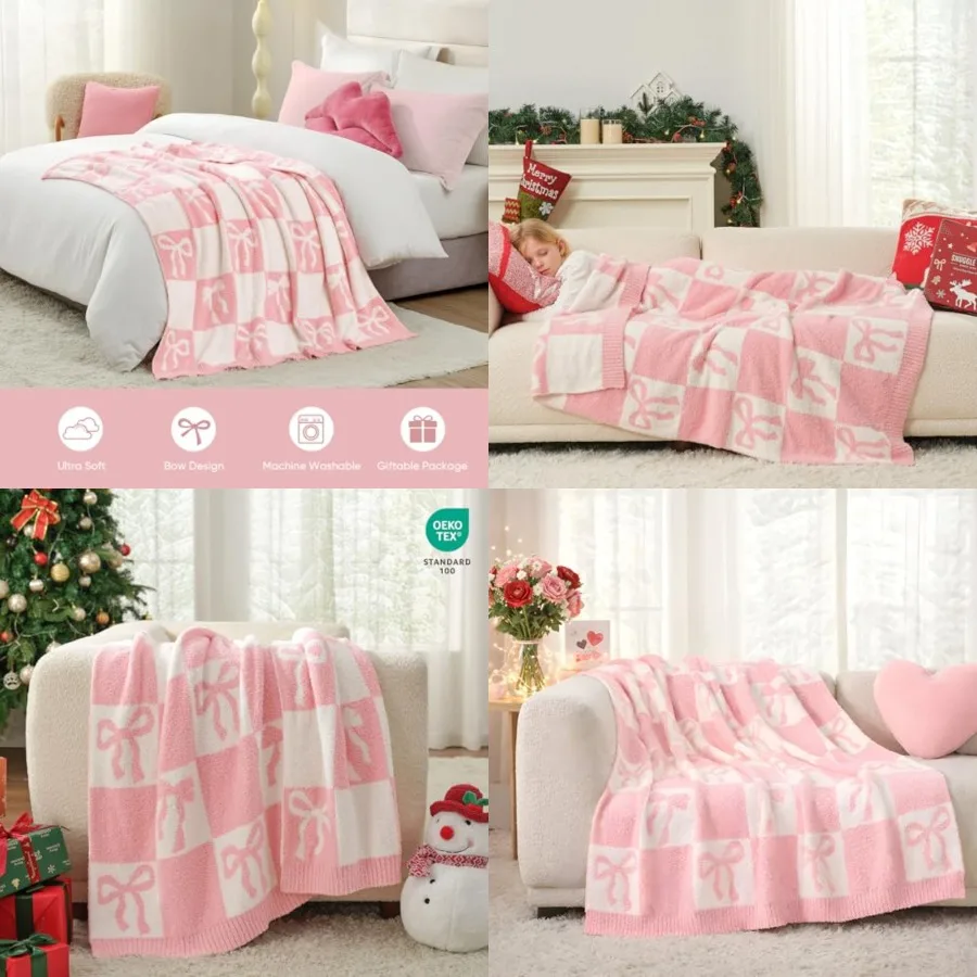 

Bow Throw Blanket for Couch, Microfiber Fluffy Warm Cozy Fuzzy Reversible ed Blankets for Sofa, Chair, Bed, 50x60 Inch for Wife