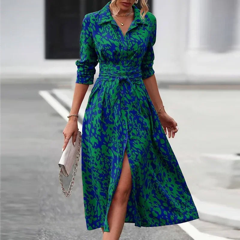 Dresses for Women Fashion Long Sleeve Print Women Dress Turn Down Collar Lace-up A-LINE Dress Women Vestidos De Verano Mujer Q48