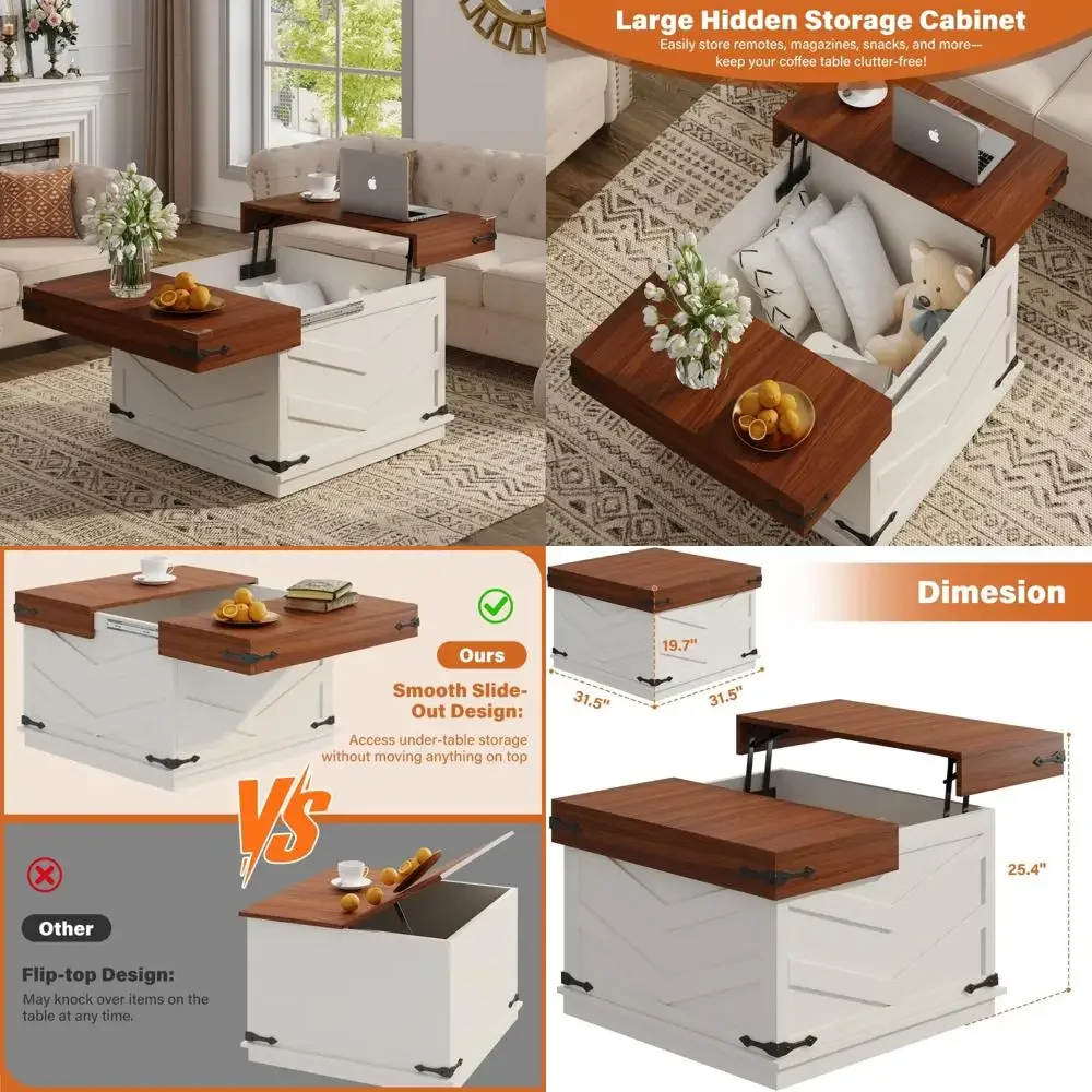 

31,5-дюймовый журнальный столик с подъемным верхом, выдвижной квадратной столешницей и большим скрытым органайзером для хранения, многофункциональный стиль фермерского дома