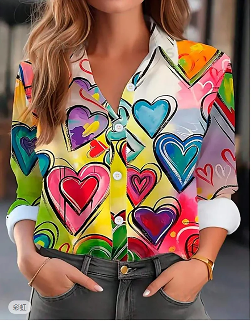 Valentine's Day Heart Shirt Casual Rainbow Color Loose Top Heart Printed Craft V-Neck Button Down Shirt