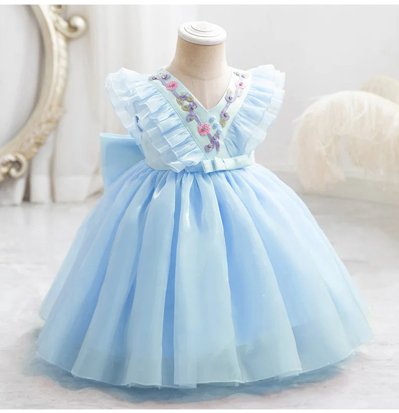 HETISO Kid Girl Dress Vintage Appliques Dresses for Elegant Party Girls Ruffle Sleeve Tulle Layered Birthday Ball Gown 9M 1 2 6Y