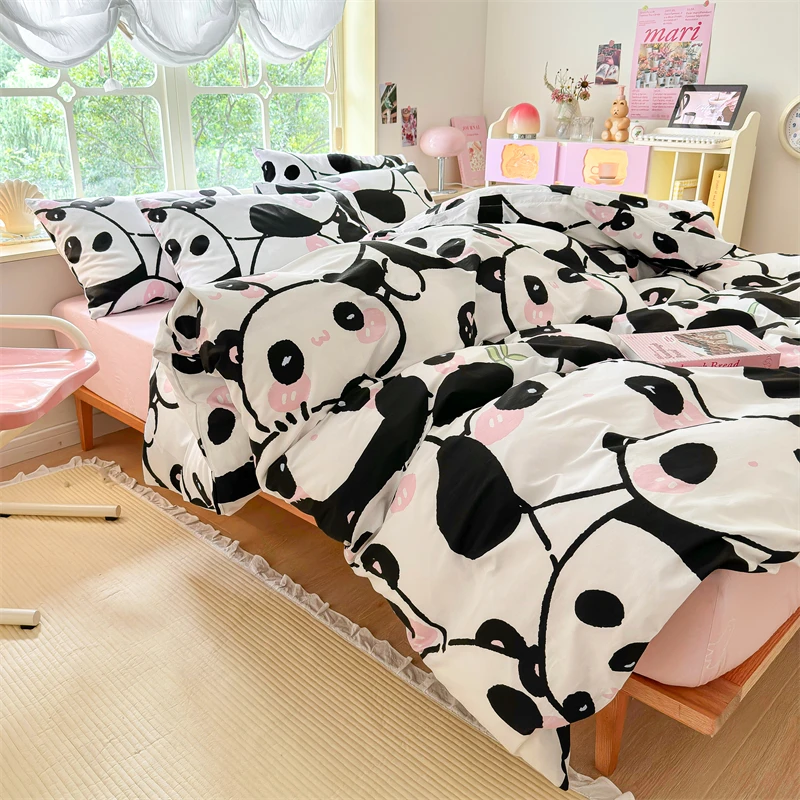 Kawaii Cartoon Panda Duvet Cover Set 100% Cotton Comforter Cover with Pillowcases for Boys Girls Bedroom Decor Bedding Set