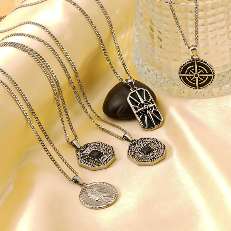 

Stylish Men's Necklace,Vintage Portrait Eight Star Compass Stainless Steel Collars,Rock Punk Jewelry Gift for Him Boys