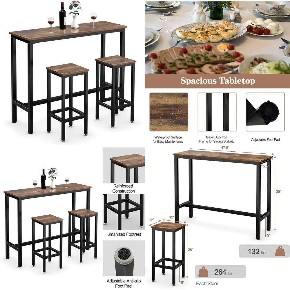 39.5 High Bar Table Set with 2 x 28 Stools, Counter Height Dining, Backless Chairs for Pub Style Dining