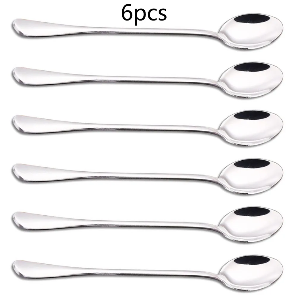 6PCS Stainless Steel Coffee Spoon Long Handle Ice Cream Dessert Tea Spoon For Picnic Drinkware Tableware Kitchen Set Supply