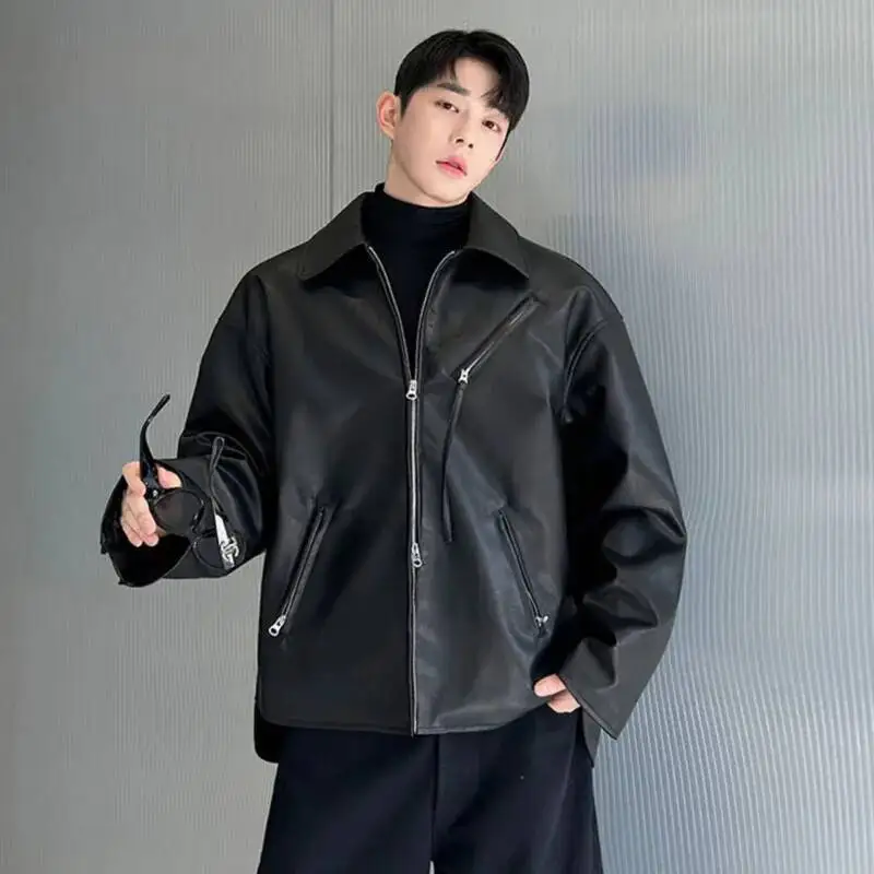 

2025 High Street мужские хлопковые пальто из искусственной кожи с лацканами и двусторонней молнией, дизайн в стиле пэчворк, однотонные свободные мужские куртки