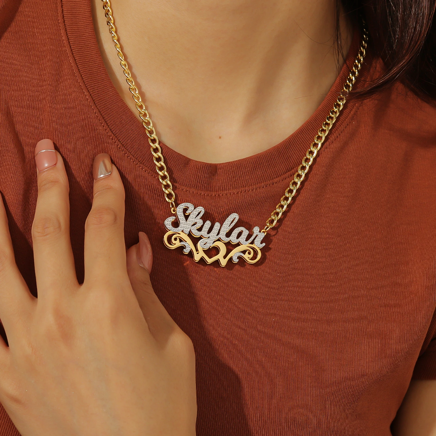 Dascusto Custom Necklace Double Plated Double Love Name Necklace For Women Name Plate Stainless Steel Name Pendant Charm Jewelry
