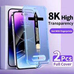 2Pcs One Click Dust Free Kit HD Clear Tempered Glass For iPhone 16 15 14 Plus 13 12 mini 11 Pro X XS Max XR Screen Protector