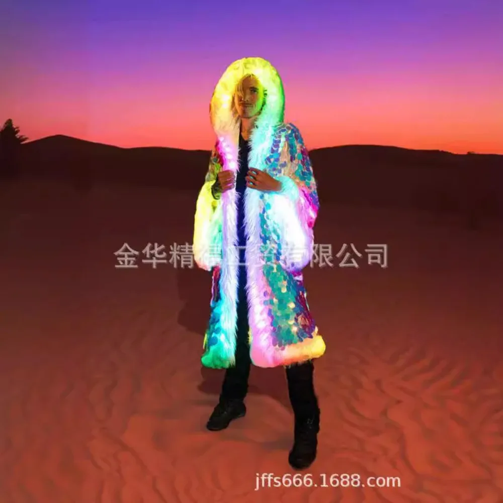ジャケットフェイクファー男性ロングコートスパンコールフード付きふわふわ暖かい冬パッチワーク LED 衣装ステージダンスパーティーコスプレアウター
