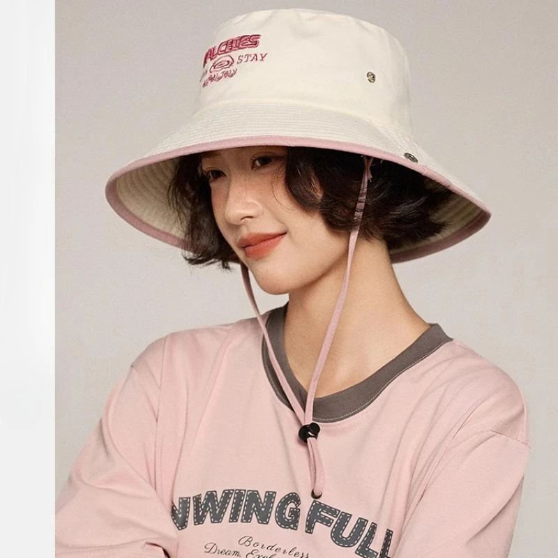 Korean Version Summer Letter Embroidered Lace-up Bucket Hat for Men and Women Outdoor Large Brim Shading Western Cowboy Cap