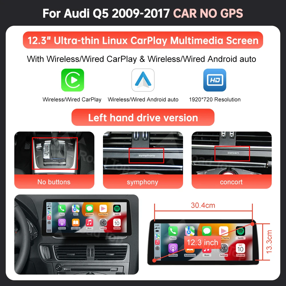 12,3 inch ultradun scherm draadloze CarPlay Android auto multimedia voor Audi Q5 2009-2017 met Airplay Autolink-functies