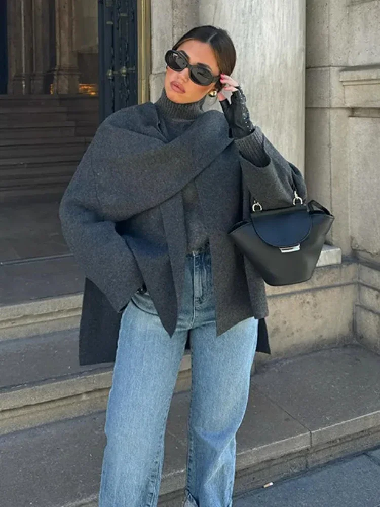 

женская укороченная куртка в стиле накидки, асимметричный шарф, вязаное свободное пальто с круглым вырезом и длинными рукавами, осень-зима, женская шикарная верхняя одежда