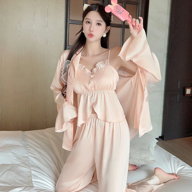 Summer 3pcs Robe Trousers Pajamas Suit Rayon Sleepwear Women Lace Ice Silk Spring Long Sleeve Bathrobe Causal Home Clothes