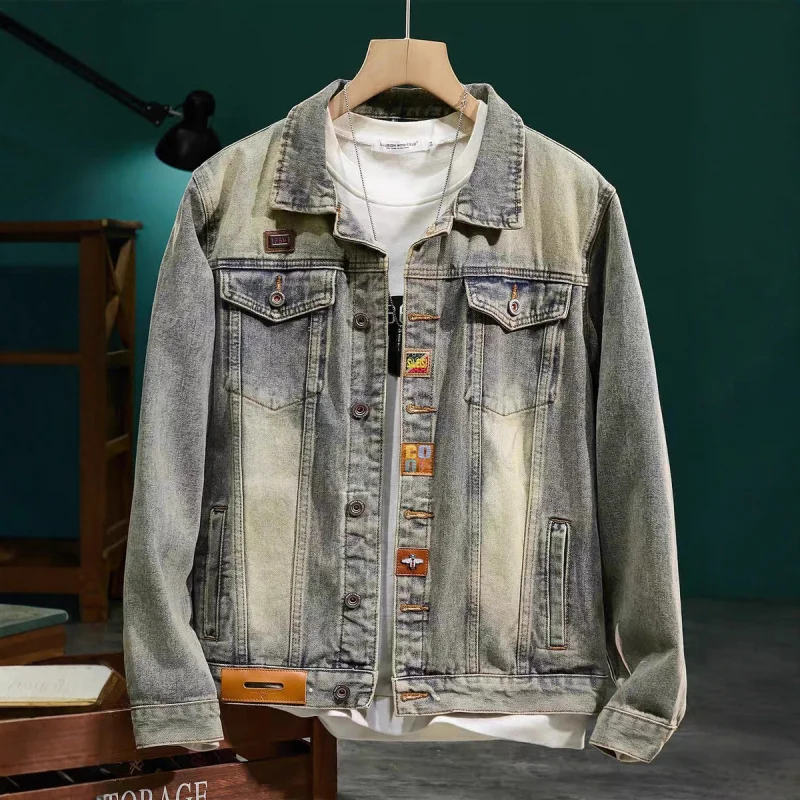 

Американские мужчины в стиле ретро, весна и осень, новый высококачественный тренд, повседневный топ в мотоциклетном стиле с тяжелой вышивкой