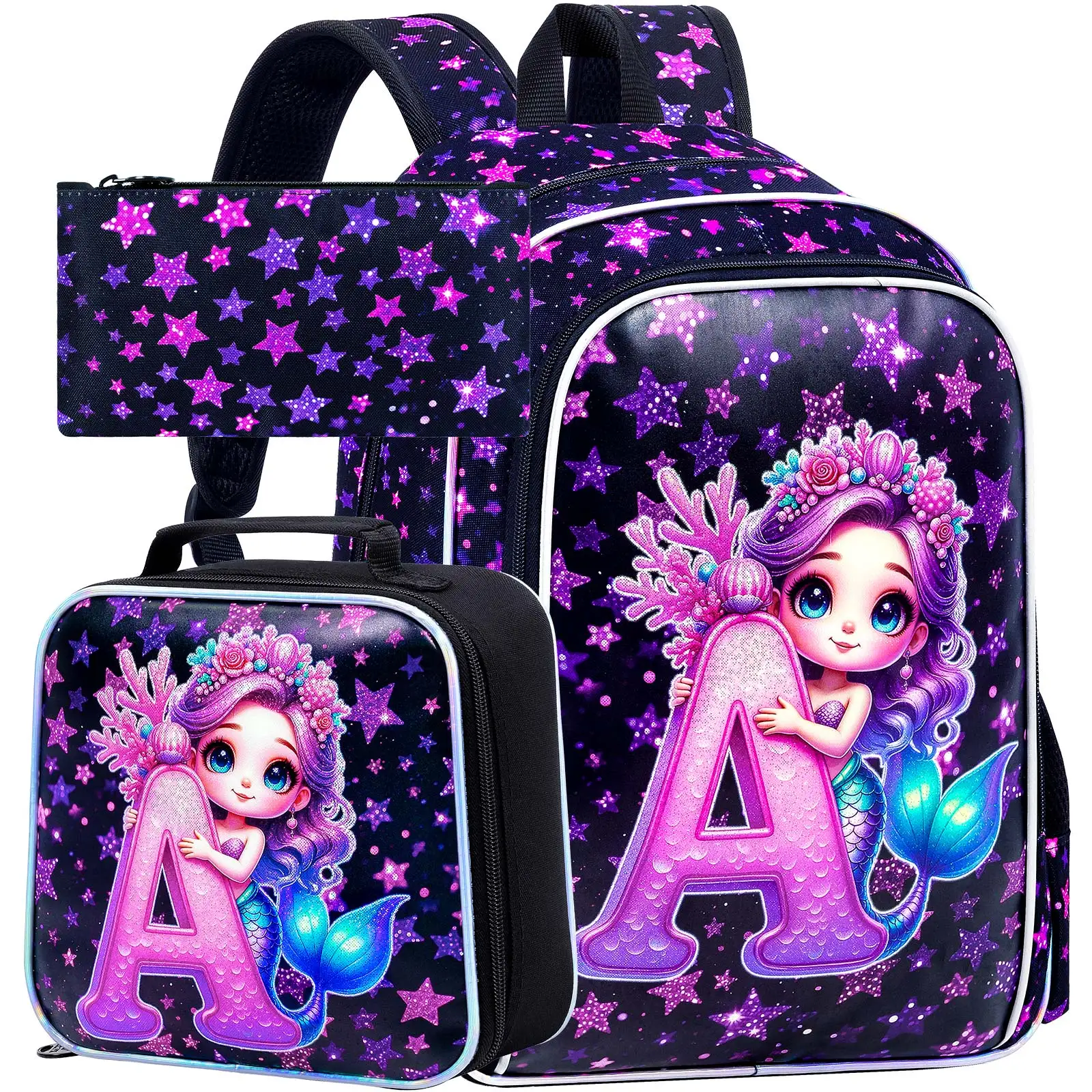 kid's-backpack-3pcs-16-inch-uv-mermaid-letter-a-print-large-capacity-lightweight-one-backpack-one-handbag-one-pencil-case
