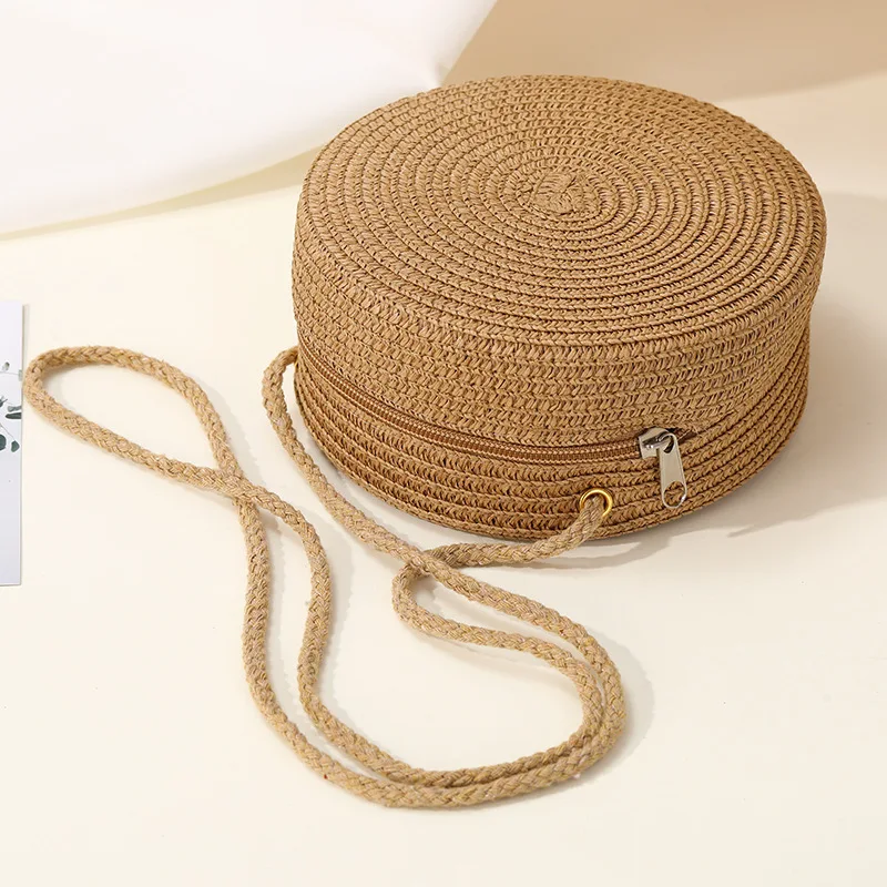 

3 Colors Available Handwoven Charm Chic Women's Round Woven Crossbody Bag, Perfect for Beach Vacations Stylish Tote with Zipper