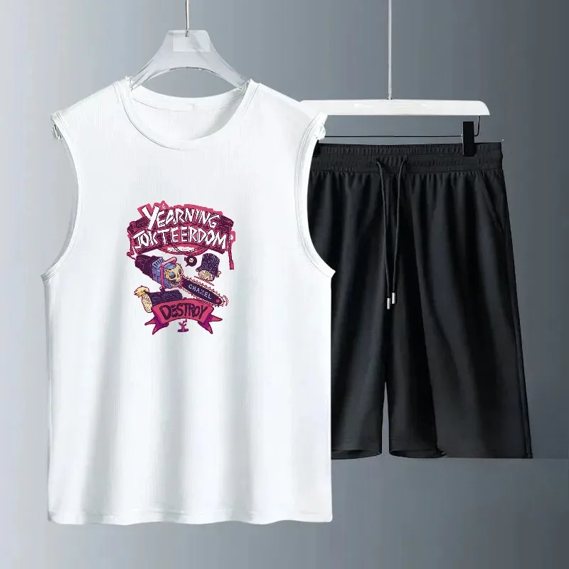 

Mens Summer Fashion Casual Basketball Outfit 2 Piece Breathable Short Sleeve Tshirt and Jogging Shorts Set Street Sportwear Thin