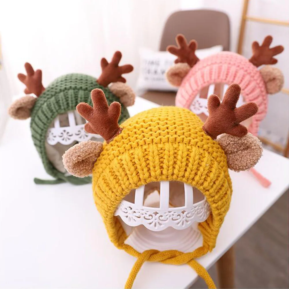 

Fleece Knitted Hat for Baby Girl Boy Newborn Winter Warm Cap Deer Antler Design Fleece Lined Eco Friendly Material Indoor