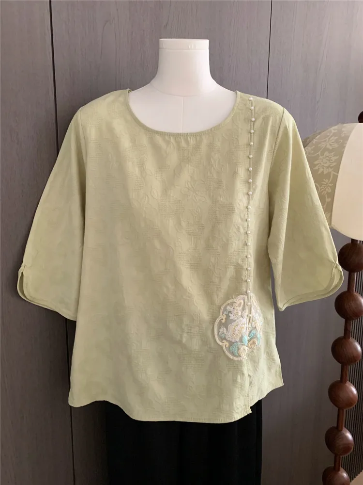 Three Quarter Sleeve New Chinese Linen Cotton Blouse Spring Summer Age-Reducing Elegant Top Crew Neck Loose Versatile Shirt