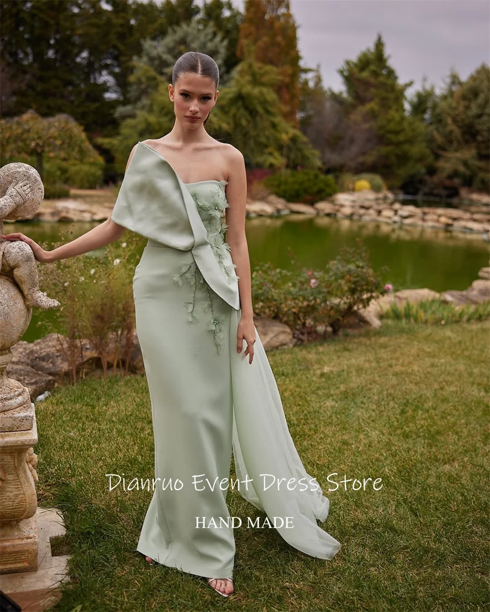 Dianruo verde hasta el suelo vestidos de noche satén sirena apliques vestidos de graduación sin tirantes elegante Abiti Da Cerimonia personalizado