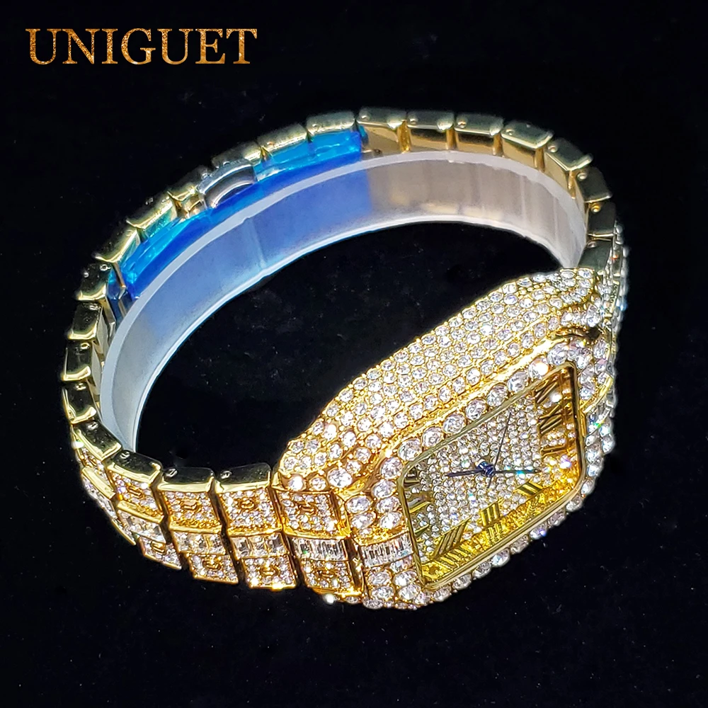 UNIGUET Jam Tangan Berlian untuk Pria Jam Tangan Kuarsa Pria Kalender Titik Biru Persegi Jam Tangan Modis Es Mewah Dropshipping