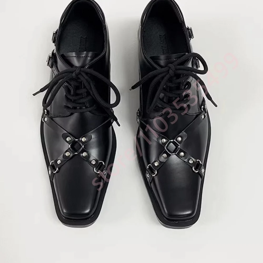 2026 New Black Leather Square Toe Men/women Oxford Shoes with Silver Buckle & Strap Detail Lace-Up Low Heel Gothic Formal Shoes
