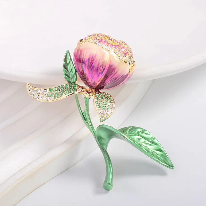 Fashionable and Elegant Tulip Brooch High-end Micro-inlaid Zircon Niche Design Handmade Enamel Flower Pin Suit Coat Accessories