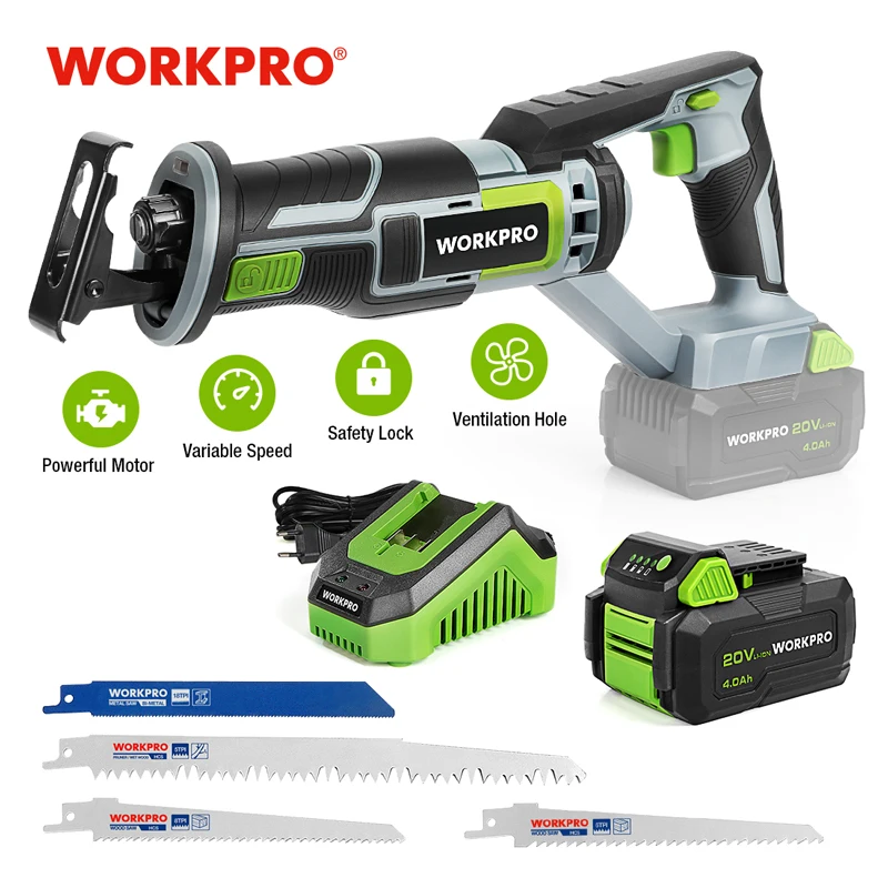 WORKPRO 20V Cordless Reciprocating Saw 1-inch Stroke Length For Wood & Metal Cutting With 4 Saw Blades Tool Kit 