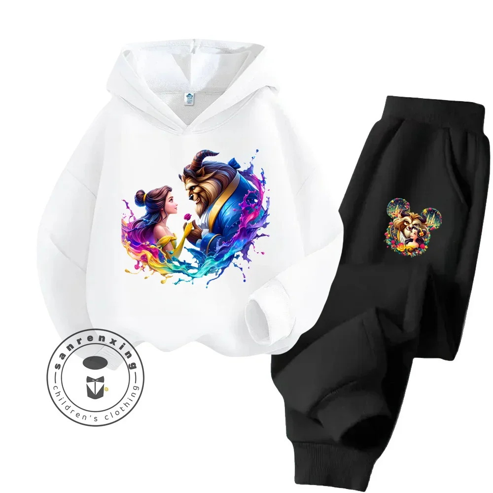 Comfy Chic Solid Color Spring Autumn Set Suitable for Kids Trendy Beauty and the Beast Disney Cartoon Playful Hoodie Tracksuit