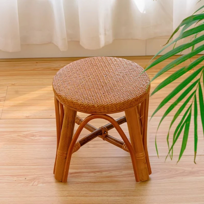 Natural Rattan Woven Stool,Handmade Mushroom Shape Low Seat for Entryway Living Room Bedroom Accent, Cozy Vintage Shoe Changing