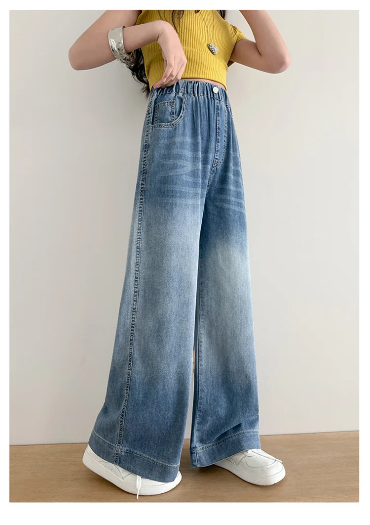 Mädchen Sommer Einfache Jeans 2026 Neue Dünne Weite Hosen Mittlere und Große Kinder Lose Gerade Freizeithosen für Kinder 5-14 Jahre – Detail 6