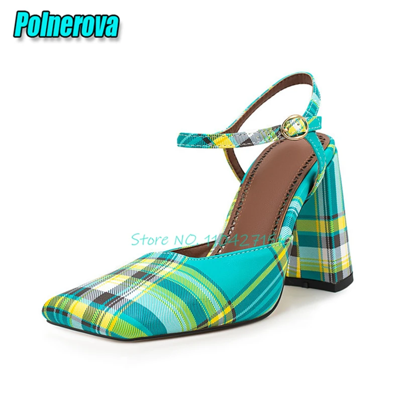 Summer New Green Yellow Plaid Sandals Fashion Square Toe Ankle Strap Block Heel Pumps Summer Party Women High Heels Shoes